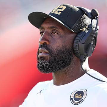 Oct 19, 2024; Piscataway, New Jersey, USA; UCLA Bruins head coach DeShaun Foster reacts during the second half against the Rutgers Scarlet Knights at SHI Stadium. Mandatory Credit: Vincent Carchietta-Imagn Images
