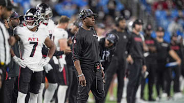 Oct 13, 2024; Charlotte, North Carolina, USA; Atlanta Falcons head coach Raheem Morris during the second half against the Carolina Panthers at Bank of America Stadium.