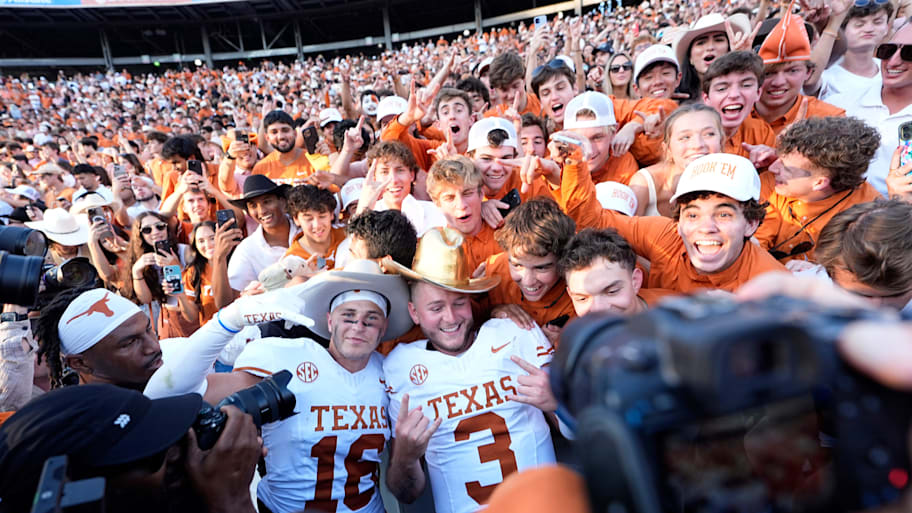 Texas players celebrate their Red River Rivalry win against Oklahoma in 2024.