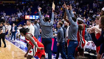 Feb 8, 2025; Baton Rouge, Louisiana, USA;  Mississippi Rebels react to defeating the LSU Tigers during the second half at Pete Maravich Assembly Center. Mandatory Credit: Stephen Lew-Imagn Images