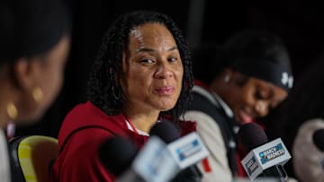 Apr 3, 2025; Tampa, FL, USA; South Carolina Gamecocks head coach Dawn Staley  talks to media before the NCAA Woman’s Final Four at Amalie Arena. Mandatory Credit: Nathan Ray Seebeck-Imagn Images