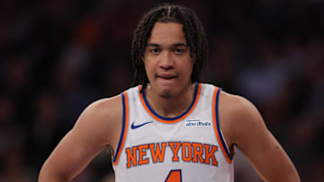 Nov 18, 2024; New York, New York, USA; New York Knicks guard Pacome Dadiet (4) during the third quarter against the Washington Wizards at Madison Square Garden. Mandatory Credit: Brad Penner-Imagn Images