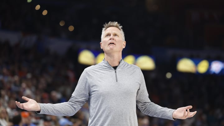 Dec 8, 2023; Oklahoma City, Oklahoma, USA; Golden State Warriors head coach Steve Kerr reacts during the second quarter against the Oklahoma City Thunder at Paycom Center. Mandatory Credit: Alonzo Adams-USA TODAY Sports