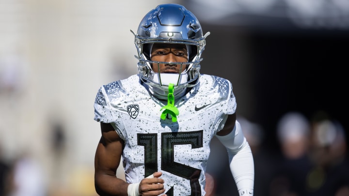 Nov 18, 2023; Tempe, Arizona, USA; Oregon Ducks wide receiver Tez Johnson (15) against the Arizona State Sun Devils at Mountain America Stadium. Mandatory Credit: Mark J. Rebilas-USA TODAY Sports