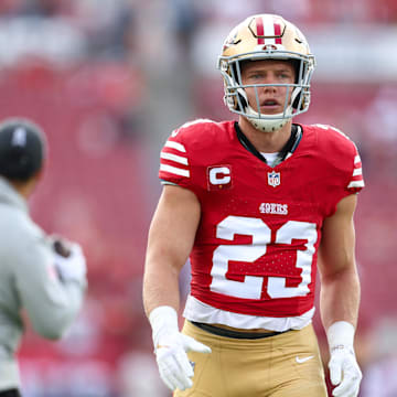 Nov 10, 2024; Tampa, Florida, USA; San Francisco 49ers running back Christian McCaffrey (23) warms up before a game against the Tampa Bay Buccaneers at Raymond James Stadium. Mandatory Credit: Nathan Ray Seebeck-Imagn Images