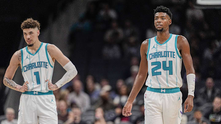 Charlotte Hornets guard LaMelo Ball (1) and forward Brandon Miller. Charlotte Hornets guard LaMelo Ball (1) and forward Brandon Miller.