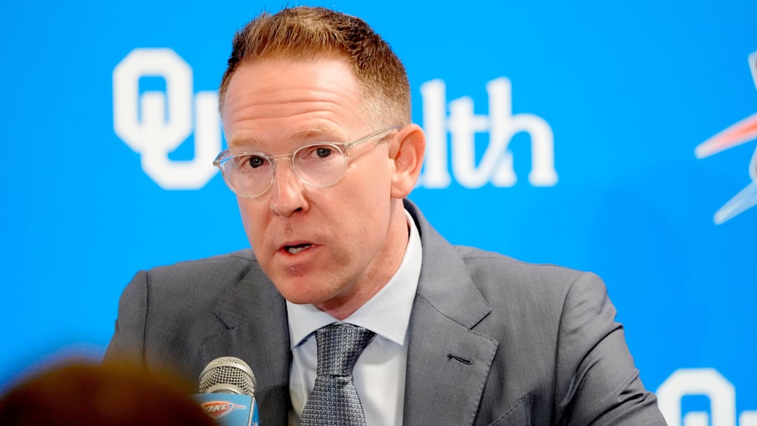 Thunder general manager Sam Presti speaks during an introductory press conference for the 2024 Thunder draft picks at Oklahoma Contemporary Arts Center in Oklahoma City, Saturday, June, 29, 2024.