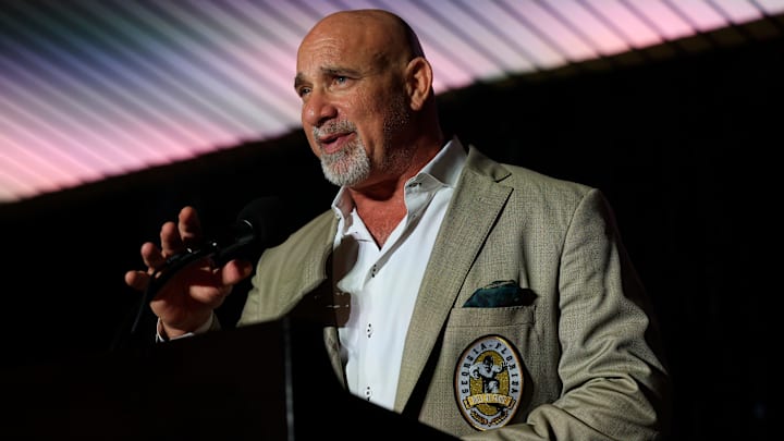 Former Georgia defensive tackle, Bill Goldberg, and WWE wrestling hall of famer, speaks during the Georgia-Florida Hall of Fame Luncheon and induction ceremony. Former Georgia defensive tackle, Bill Goldberg, and WWE wrestling hall of famer, speaks during the Georgia-Florida Hall of Fame Luncheon and induction ceremony.