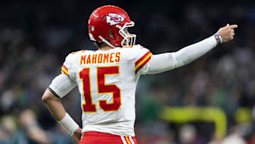 Feb 9, 2025; New Orleans, LA, USA;  Detailed view of the jersey of Kansas City Chiefs quarterback Patrick Mahomes (15) against the Philadelphia Eagles in Super Bowl LIX at Ceasars Superdome. Mandatory Credit: Mark J. Rebilas-Imagn Images