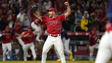 May 10, 2022; Anaheim, California, USA; Los Angeles Angels starting pitcher Reid Detmers (48) celebrates after throwing a no hitter against the Tampa Bay Rays at Angel Stadium. Mandatory Credit: Kirby Lee-USA TODAY Sports
