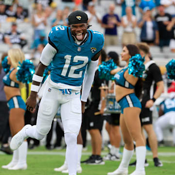 Jacksonville Jaguars wide receiver Travis Hunter (12) runs on the field before an NFL preseason matchup against the Pittsburgh Steelers of an NFL preseason matchup at EverBank Stadium, Saturday, Aug. 9, 2025 in Jacksonville, Fla. [Corey Perrine/Florida Times-Union]