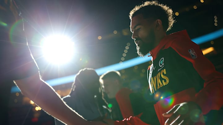 Trae Young #11 of the Atlanta Hawks is introduced against the Miami Heat in the Play-In Tournament.