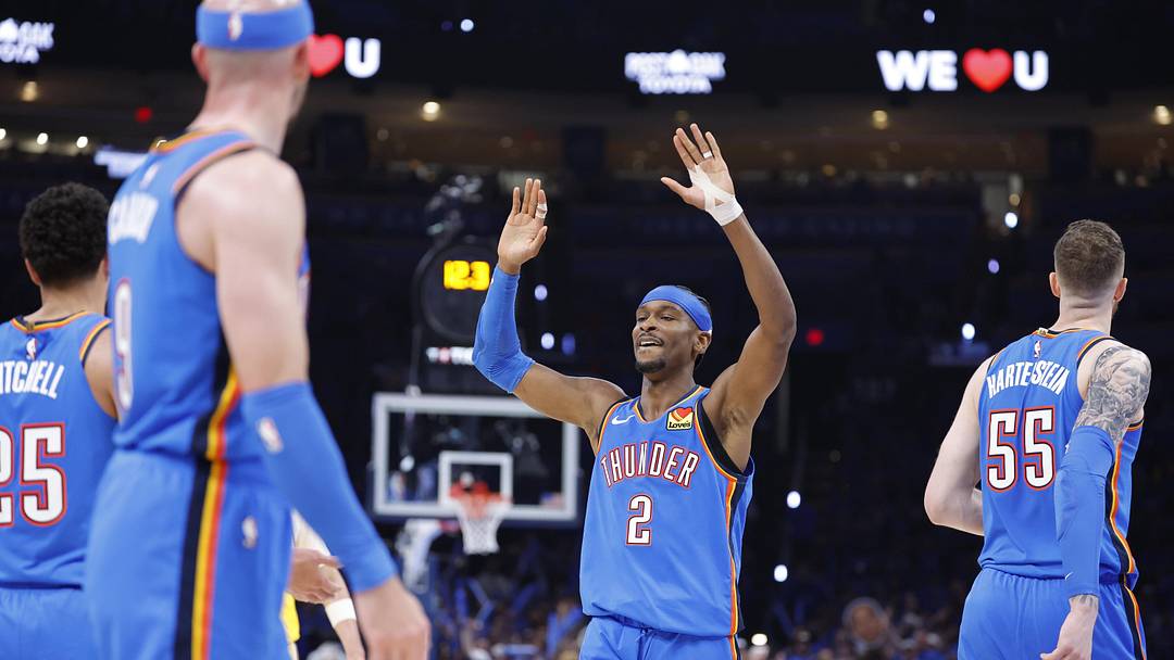 May 5, 2026; Oklahoma City, Oklahoma, USA; Oklahoma City Thunder guard Shai Gilgeous-Alexander (2) celebrates with his team after a play against the Los Angeles Lakers in the second half during game one of the second round of the 2026 NBA Playoffs at Paycom Center. Mandatory Credit: Alonzo Adams-Imagn Images