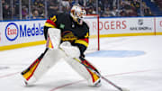 Oct 30, 2024; Vancouver, British Columbia, CAN; Vancouver Canucks goalie Arturs Silovs (31) skates against the New Jersey Devils during the third period at Rogers Arena. Mandatory Credit: Bob Frid-Imagn Images
