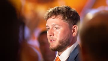 Jul 17, 2024; Dallas, TX, USA; Texas quarterback Quinn Ewers speaking at Omni Dallas Hotel. Mandatory Credit: Brett Patzke-USA TODAY Sports