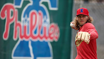 Feb 16, 2025; Clearwater, FL, USA; Philadelphia Phillies third base Alec Bohm (28) participates in spring training workouts at BayCare Ballpark. Mandatory Credit: Nathan Ray Seebeck-Imagn Images