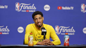 Jun 4, 2025; Oklahoma City, OK, USA; Indiana Pacers guard Tyrese Haliburton (0) during NBA Finals Media Day at Paycom Center. Mandatory Credit: Alonzo Adams-Imagn Images
