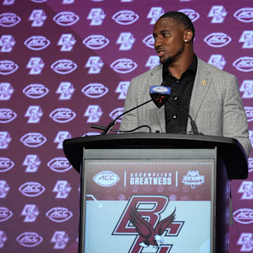 Jul 24, 2024; Charlotte, NC, USA; Boston College Eagles defensive end Donovan Ezeiruaku speaks to the media during the ACC Kickoff at Hilton Charlotte Uptown. Mandatory Credit: Jim Dedmon-Imagn Images