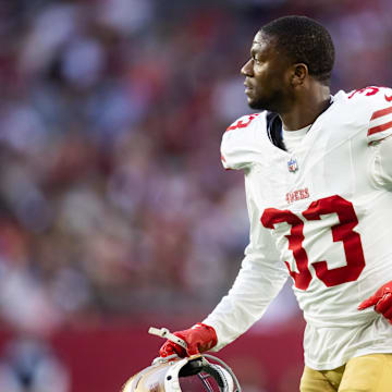Jan 5, 2025; Glendale, Arizona, USA; San Francisco 49ers cornerback Rock Ya-Sin (33) against the Arizona Cardinals at State Farm Stadium. Mandatory Credit: Mark J. Rebilas-Imagn Images