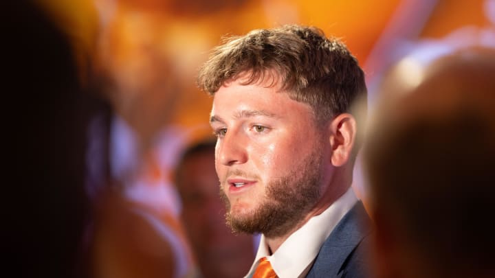 Jul 17, 2024; Dallas, TX, USA; Texas quarterback Quinn Ewers speaking at Omni Dallas Hotel. Mandatory Credit: Brett Patzke-USA TODAY Sports