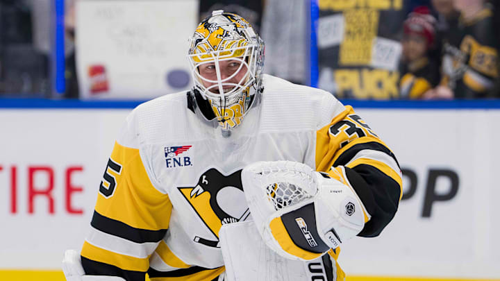 Feb 27, 2024; Vancouver, British Columbia, CAN; Pittsburgh Penguins goalie Tristan Jarry (35) smiles during warm up prior to a game against the Vancouver Canucks at Rogers Arena.
