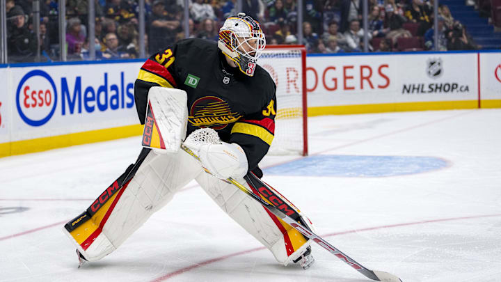 Oct 30, 2024; Vancouver, British Columbia, CAN; Vancouver Canucks goalie Arturs Silovs (31) skates against the New Jersey Devils during the third period at Rogers Arena. Mandatory Credit: Bob Frid-Imagn Images