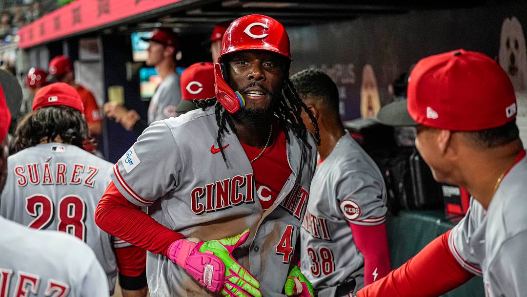 Sep 22, 2026; Cumberland, Georgia, USA; Cincinnati Reds shortstop Elly De La Cruz (44) reacts after hitting a home run against the Atlanta Braves during the third inning at Truist Park. Mandatory Credit: Dale Zanine-Imagn Images Sep 22, 2026; Cumberland, Georgia, USA; Cincinnati Reds shortstop Elly De La Cruz (44) reacts after hitting a home run against the Atlanta Braves during the third inning at Truist Park. Mandatory Credit: Dale Zanine-Imagn Images