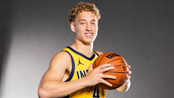 Indiana Pacers guard Taelon Peter (4) poses for a photo during media day.