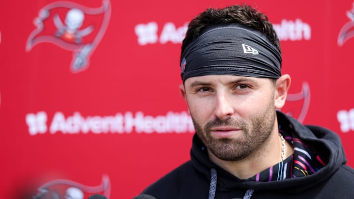 Jun 10, 2025; Tampa Bay, FL, USA; Tampa Bay Buccaneers quarterback Baker Mayfield (6) gives a press conference after mini camp at AdventHealth Training Center. Mandatory Credit: Nathan Ray Seebeck-Imagn Images Jun 10, 2025; Tampa Bay, FL, USA; Tampa Bay Buccaneers quarterback Baker Mayfield (6) gives a press conference after mini camp at AdventHealth Training Center. Mandatory Credit: Nathan Ray Seebeck-Imagn Images
