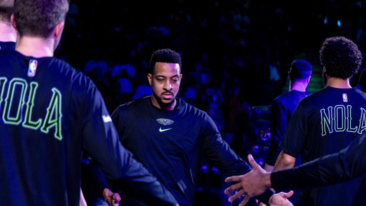 Apr 14, 2024; New Orleans, Louisiana, USA; New Orleans Pelicans guard CJ McCollum (3) is announced to the fans before the first half against the Los Angeles Lakers at Smoothie King Center. 