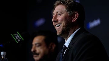 New Jacksonville Jaguars head coach, Liam Coen, smiles next to Jaguars owner Shad Khan after speaking and being introduced during a press conference Monday, Jan. 27, 2025 at the Miller Electric Center in Jacksonville, Fla.