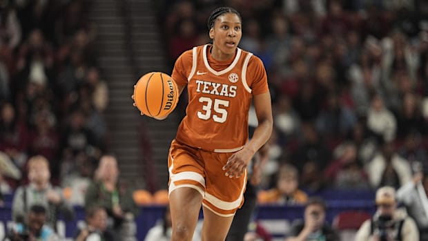 Texas Longhorns forward Madison Booker (35) brings the ball up court against South Carolina Gamecocks. 