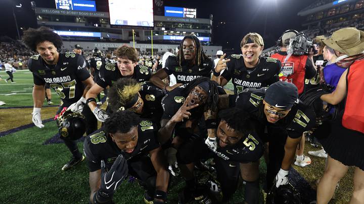 Sep 3, 2026; Atlanta, Georgia, USA;  Colorado Buffaloes players react after the game against the Georgia Tech Yellow Jackets at Bobby Dodd Stadium at Hyundai Field.  Mandatory Credit: Brett Davis-Imagn Images