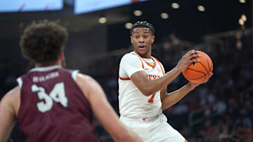 Texas Longhorns guard Simeon Wilcher rebounds against the Lafayette Leopards during the second quarter at Moody Center.
