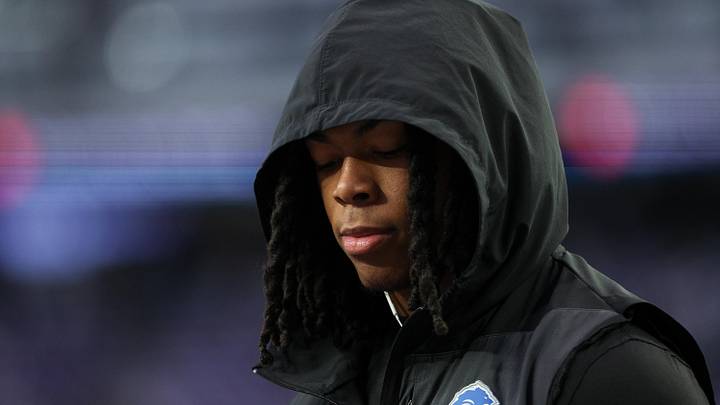 Dec 25, 2025; Minneapolis, Minnesota, USA; Detroit Lions running back Jahmyr Gibbs (0) looks on during warmups before the game against the Minnesota Vikings at U.S. Bank Stadium.