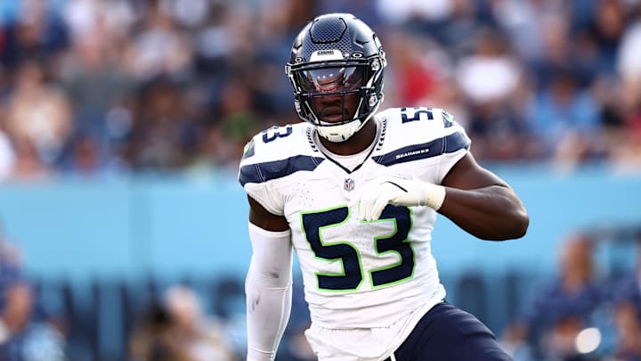 Aug 17, 2024; Nashville, Tennessee, USA; Seattle Seahawks linebacker Boye Mafe (53) celebrates a sack in the first quarter agains the Tennessee Titans at Nissan Stadium. Mandatory Credit: Casey Gower-Imagn Images