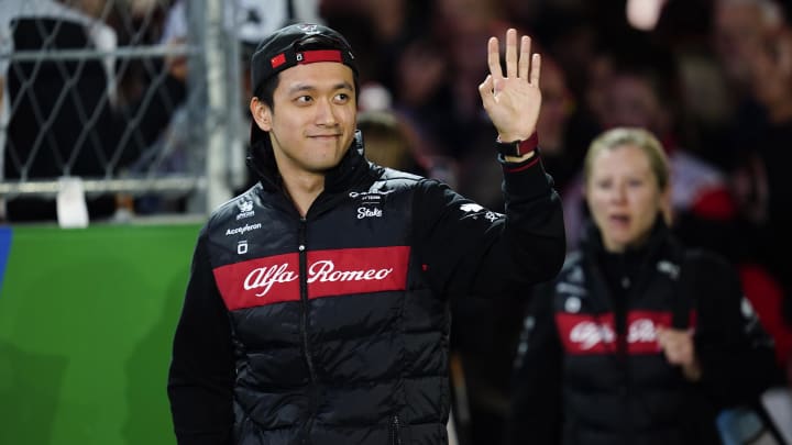 Nov 18, 2023; Las Vegas, Nevada, USA; Alfa Romeo F1 Team Stake driver Zhou Guanyu of China (24) during the Formula 1 Heineken Silver Las Vegas Grand Prix at the Las Vegas Strip Circuit. Mandatory Credit: Lucas Peltier-USA TODAY Sports