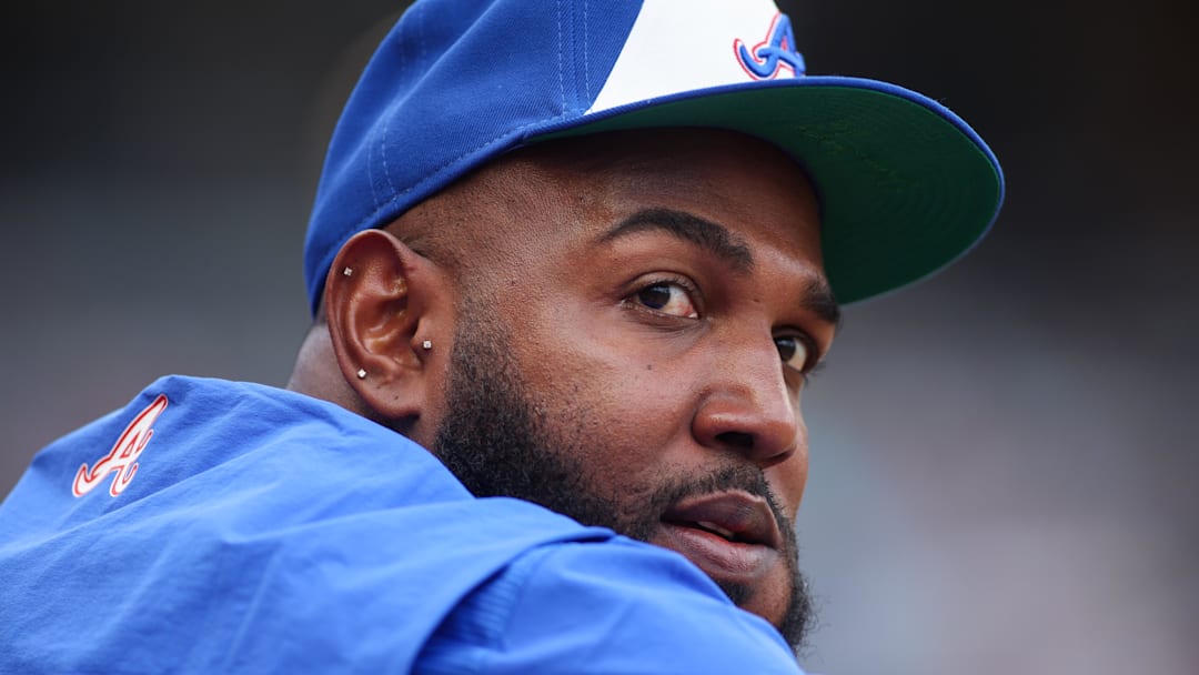 Jul 19, 2025; Atlanta, Georgia, USA; Atlanta Braves designated hitter Marcell Ozuna (20) in the dugout before a game against the New York Yankees at Truist Park. Mandatory Credit: Brett Davis-Imagn Images
