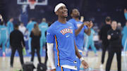 Oct 9, 2025; Oklahoma City, Oklahoma, USA; Oklahoma City Thunder guard Shai Gilgeous-Alexander smiles during warm ups before a game between the Charlotte Hornets and the Oklahoma City Thunder at Paycom Center. Mandatory Credit: Alonzo Adams-Imagn Images