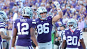 Kansas State tight end Garrett Oakley (86) celebrates touchdown against TCU on Saturday.
