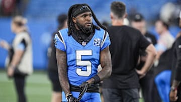 Oct 13, 2024; Charlotte, North Carolina, USA; Carolina Panthers wide receiver Diontae Johnson (5) makes his way back to the locker room after the end of the second half against the Atlanta Falcons at Bank of America Stadium.