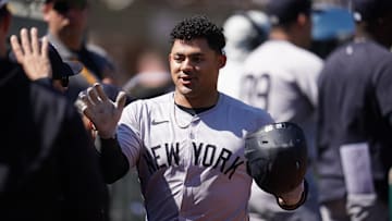 Sep 22, 2024; Oakland, California, USA; New York Yankees left fielder Jasson Dominguez (89) is congratulated by teammates after hitting a two-run home run against the Oakland Athletics in the second inning at the Oakland-Alameda County Coliseum. Mandatory Credit: Cary Edmondson-Imagn Images