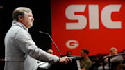 Georgia coach Kirby Smart speaks to the media on the first day of spring practice in Athens, Ga., on Tuesday, March 11, 2025.