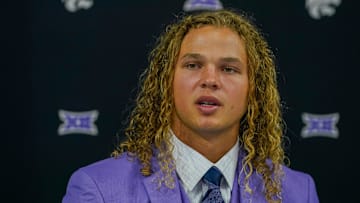 Jul 8, 2025; Frisco, TX, USA; Kansas State quarterback Avery Johnson answers questions from the media during 2025 Big 12 Football Media Days at The Star. Mandatory Credit: Raymond Carlin III-Imagn Images