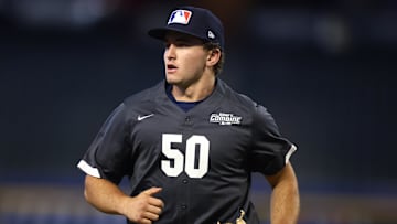 Jun 20, 2023; Phoenix, AZ, USA; Draft prospect Luke Scherrer during a high school baseball game at the MLB Draft Combine at Chase Field. Mandatory Credit: Mark J. Rebilas-Imagn Images