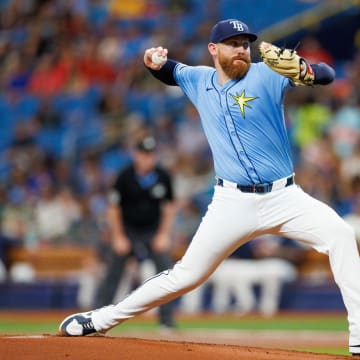 Jun 9, 2024; St. Petersburg, Florida, USA;  Tampa Bay Rays pitcher Zack Littell (52) throws a pitch against the Baltimore Orioles in the first inning at Tropicana Field. Mandatory Credit: