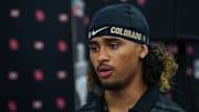 Jul 9, 2025; Frisco, TX, USA; Colorado quarterback Julian Lewis speaks with the media during 2025 Big 12 Football Media Days at The Star. Mandatory Credit: Raymond Carlin III-Imagn Images