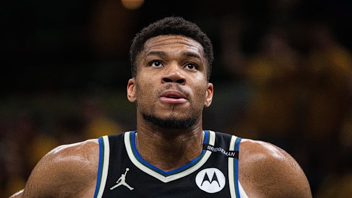 Apr 29, 2025; Indianapolis, Indiana, USA; Milwaukee Bucks forward Giannis Antetokounmpo (34) during game five of the first round for the 2024 NBA Playoffs against the Indiana Pacers at Gainbridge Fieldhouse. Mandatory Credit: Trevor Ruszkowski-Imagn Images