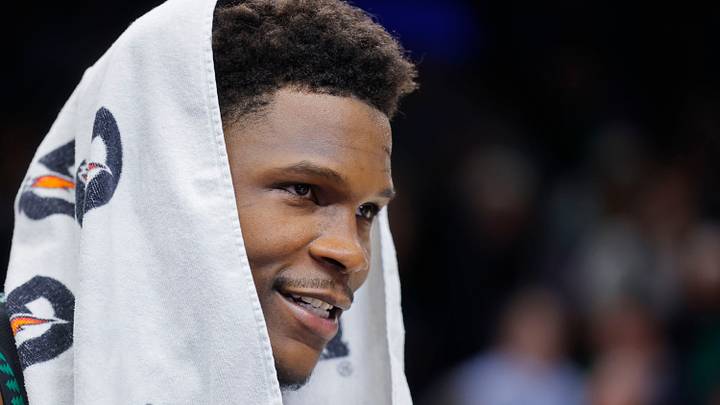 May 10, 2026; Minneapolis, Minnesota, USA; Minnesota Timberwolves guard Anthony Edwards (5) speaks to a reporter after game four of the second round of the 2026 NBA Playoffs with the San Antonio Spurs at Target Center. Mandatory Credit: Bruce Kluckhohn-Imagn Images