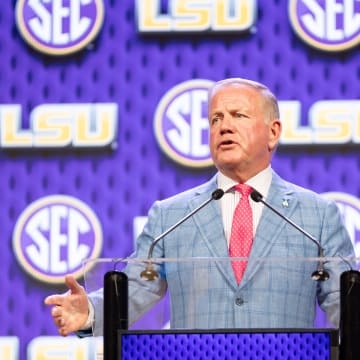 Jul 15, 2024; Dallas, TX, USA; LSU head coach Brian Kelly speaking at Omni Dallas Hotel. Mandatory Credit: Brett Patzke-USA TODAY Sports